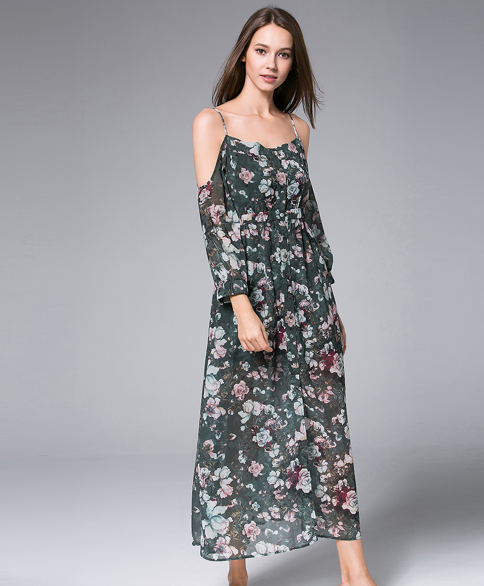 Dress -  Digital Roses Printed  silk chiffon maxi dress